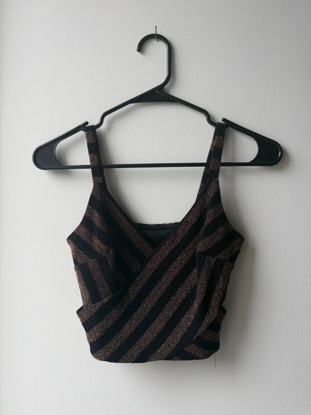 Sleeveless Black and Bronze Stripe Wrap Crop Top